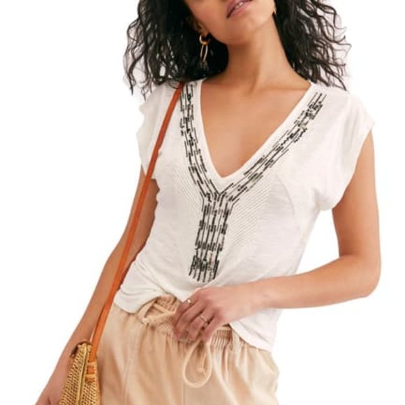 Free People Tops - Free People Ivory Maya Beaded V Neck Top Size M